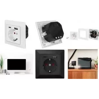 LogiLink PA0262B wandcontactdoos met 1 Schuko-stopcontact, 1 USB-A- en 1 USB-C-oplader, zwart