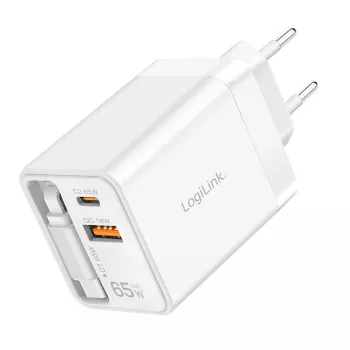 LogiLink USB-A/C-lader 65 W GaN 3-poorts wit met USB-C-kabel