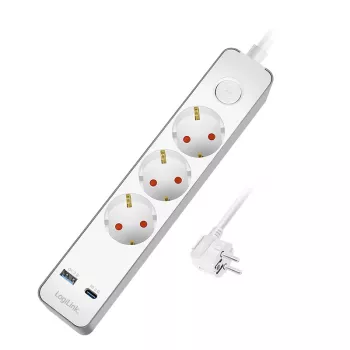 LogiLink LPS287U stekkerdoos met 3 veiligheidsstopcontacten, USB-A & USB-C PD 20W, tuimelschakelaar, 1,5m kabel, wit