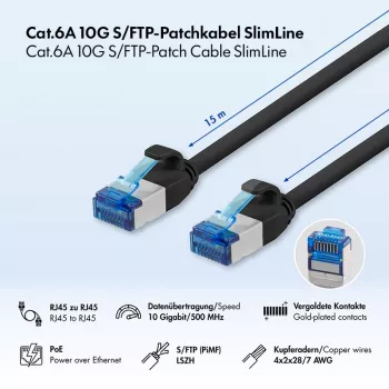 LogiLink Cat.6A Slim S/FTP LSZH patchkabel, zwart, 15 m, SlimLine