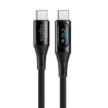 LogiLink USB 2.0 Type-C kabel met vermogensweergave, C/M naar C/M, 480 Mbps, 240W PD 3.1, nylon gevlochten, zwart, 1 m