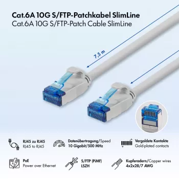 LogiLink Cat.6A slim S/FTP LSZH patchkabel, grijs, 7,5 m, SlimLine