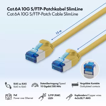 LogiLink Cat.6A Slim S/FTP LSZH-patchkabel, geel, 15 m, SlimLine