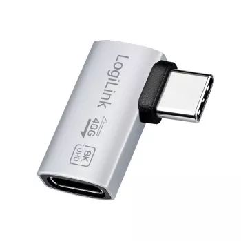 LogiLink USB4 Type-C 90° adapter, C/M naar C/F, 40 Gbit/s, 240W, 8K/60Hz, aluminium, zilver