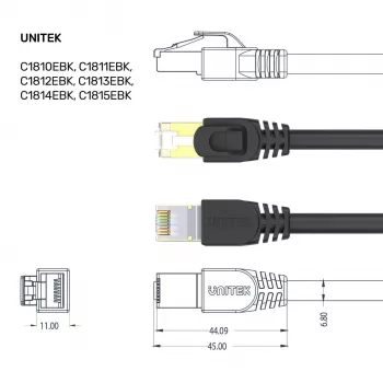 UNITEK Cat.7 S/FTP 2,0 m ethernet-patchkabel, 10 Gbit/s, 600 MHz, vergulde RJ45-stekkers, zwart