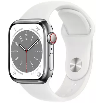 Apple Watch Series 8 GPS + Cellular 41mm roestvrijstalen behuizing met Sport Band, zilver/wit (MNJ53EL/A)