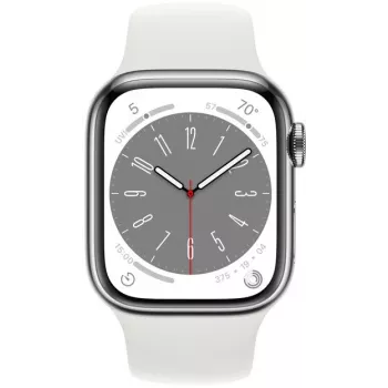 Apple Watch Series 8 GPS + Cellular 41mm roestvrijstalen behuizing met Sport Band, zilver/wit (MNJ53EL/A)