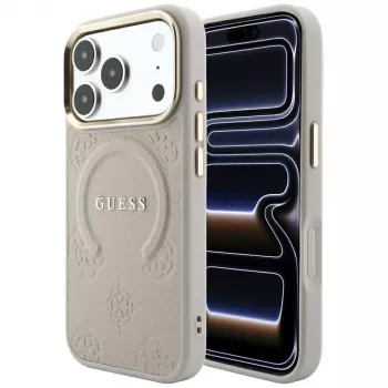 GUESS Saffiano Peony & Ring MagSafe-hoesje voor iPhone 18 Pro Max / 17 Pro Max - roze