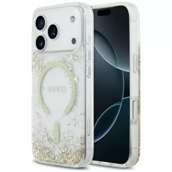 Guess Resin Bottom Glitter MagSafe-hoesje voor iPhone 18 Pro / 17 Pro, goud