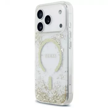 Guess Resin Bottom Glitter MagSafe-hoesje voor iPhone 18 Pro / 17 Pro, goud