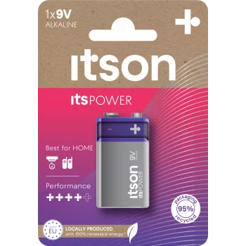 ITSON 6LR61IPO/1CP Alkaline 9V-batterij (6LR61, PP3, 1 pack) – Kwikvrij, 5 jaar houdbaar