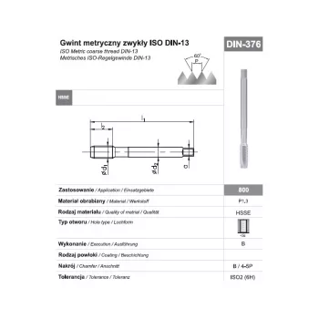 M16 DIN 376B (6H) HSSE 800 machine-tap voor doorgaande gaten