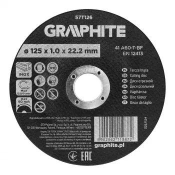GRAPHITE 125 x 1,0 x 22,2 mm korund doorslijpschijf voor metaal en roestvrij staal, 41 A60-T-BF, 110 stuks in doos