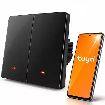 Qoltec 52708 smart Wi-Fi 2-kanaals lichtschakelaar met timer, Tuya Smart Life, zwart