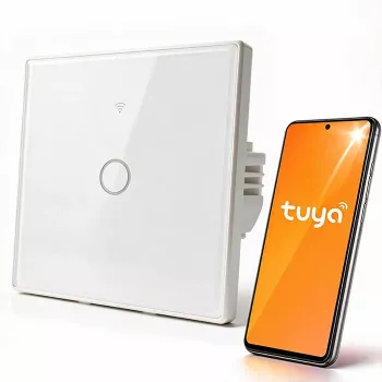 Qoltec 52715 smart Wi-Fi touch light switch, 1-kanaals, gehard glas, wit, Tuya/Smart Life, timer, spraakbesturing