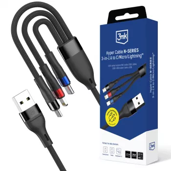 3mk Hyper Cable N-SERIES 3-in-1 USB-A naar USB-C/Lightning/MicroUSB 1,2m 9V/2A 18W zwart