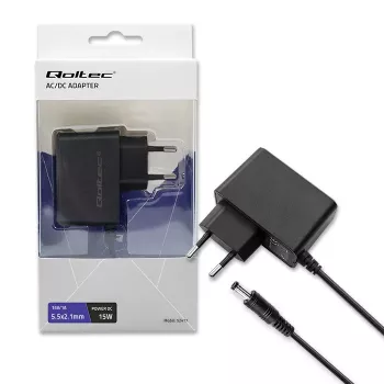 Qoltec PREMIUM 15W 15V 1A AC/DC-voeding met 5,5x2,1mm holle stekker