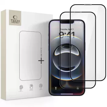 Tech-Protect Glass Fit+ gehard glas schermbescherming voor Apple iPhone 13/13 Pro/14/16e/17e, zwarte rand, 2-pack