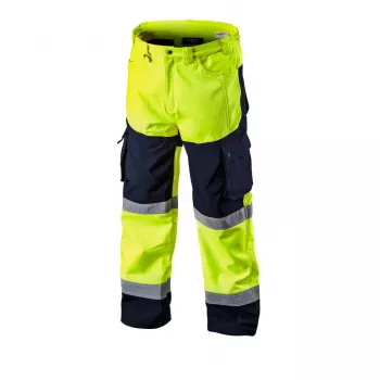 NEO TOOLS softshell waarschuwingsbroek met hoge zichtbaarheid, fluorescerend geel, maat XL