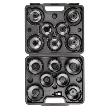 NEO TOOLS oliefilter-dopsleutelset 16-delig (65-100 mm, 3/8 inch aandrijving, beker type, meervoudig gebruik, staal, kunststof koffer)
