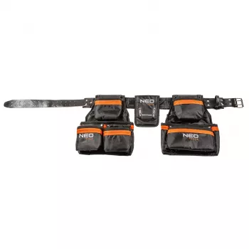 NEO TOOLS 84-330 professionele gereedschapsgordel met 12 vakken, heavy-duty polyester, snelgesp, verstelbaar 80-120 cm, zwart/grijs