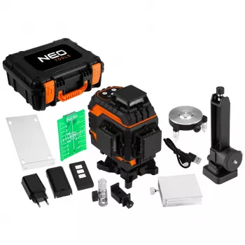 NEO TOOLS 75-140 3D-lasernivelleerder, 12 groene lijnen, 3 x 360°, oplaadbaar, met draagkoffer, richtplaat, magneetbevestiging, oplader