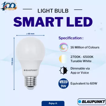 Blaupunkt E27 9W slimme LED-lamp A60 – Tunable White & RGB, Wi-Fi, Alexa/Google Assistant