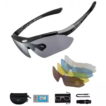 Rockbros 10003 gepolariseerde fietsbril met 5 verwisselbare glazen, UV400, TR90-frame, zwart