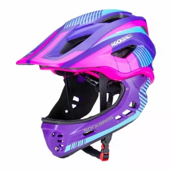 Rockbros TT-32SBPP-S kinderfietshelm ombouwbaar met afneembare kinbescherming, paars-roze, maat S (48-53 cm)