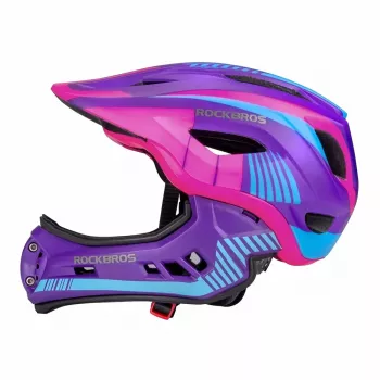 Rockbros TT-32SBPP-S kinderfietshelm ombouwbaar met afneembare kinbescherming, paars-roze, maat S (48-53 cm)