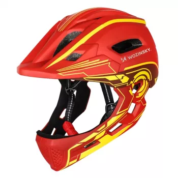 Wozinsky full-face kinderfietshelm met USB-achterlicht, rood-geel, 52-56 cm