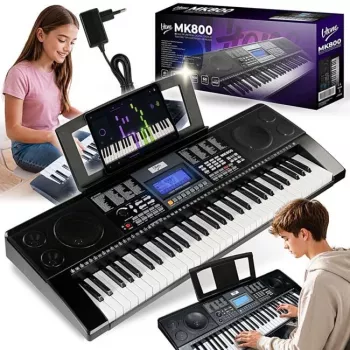 V-TONE MK800 draagbaar educatief elektronisch keyboard, 61 aanslaggevoelige toetsen, 300 klanken, 300 ritmes, 40 demo-songs, LCD-display, USB-MIDI, hoofdtelefoonuitgang, microfooningang, sustain-pedaaalingang, 2x5W luidsprekers, zwart