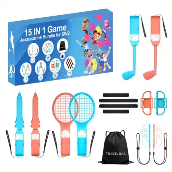 HURTEL Family Accessories Pack 15 in 1 voor Nintendo Switch 2-console - Oranje en blauw set