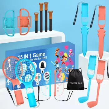 HURTEL Family Accessories Pack 15 in 1 voor Nintendo Switch 2-console - Oranje en blauw set