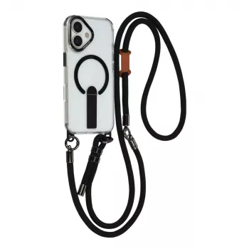 HURTEL hoes voor iPhone 17 met standaard, kort bandje van 30 cm en lang bandje van 120 cm, MagSafe-compatibel - zwart