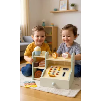 PROMIS houten kassa voor kinderen – rollenspel winkelkassa met speelgeld, scanner & creditcard