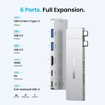 VENTION 6-in-2 Thunderbolt 5 Dockingstation 8K@240Hz 80Gbps 140W PD DisplayPort 2.1 USB-C