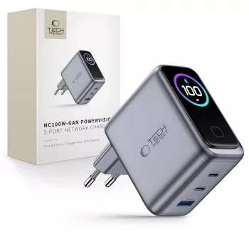 TECH-PROTECT PowerVision NC100W GaN 100W 3-poorts USB-C PD & USB-A QC3.0 wandlader - donkergrijs