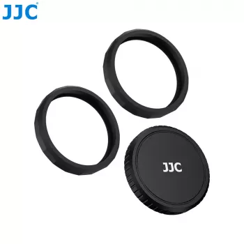 JJC LRR-OA6K2 objectiefdop & sierring-set voor DJI Osmo Action 6 (zwarte dop, rode & blauwe ringen)