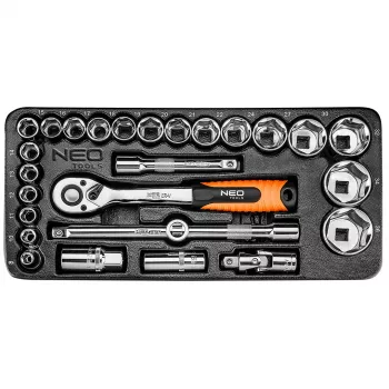 NEO TOOLS 84-238 1/2 inch dopsleutelset 27-delig met ratel, verlengstukken, kruisgewricht, glijhandgreep en koffer | CrV-staal | 10-32 mm