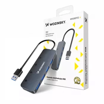 Wozinsky WHS080YSS 4-poorts USB-A 3.0 hub met aparte schakelaars, aluminium, grijs, 15 cm kabel