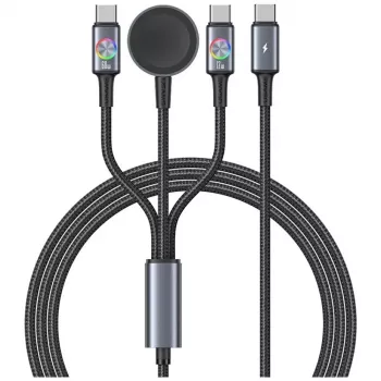 USAMS Huan Series SJ754 72W USB-C naar USB-C-kabel met geïntegreerde magnetische draadloze smartwatch-oplader, zwart, 1,2m