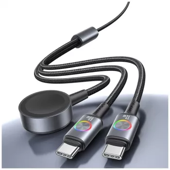 USAMS Huan Series SJ754 72W USB-C naar USB-C-kabel met geïntegreerde magnetische draadloze smartwatch-oplader, zwart, 1,2m