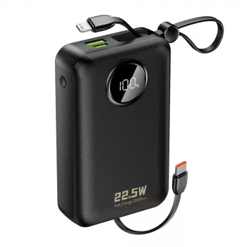 DUDAO K14+ 20000mAh 22.5W powerbank met geïntegreerde Lightning- en USB-C-kabels - zwart