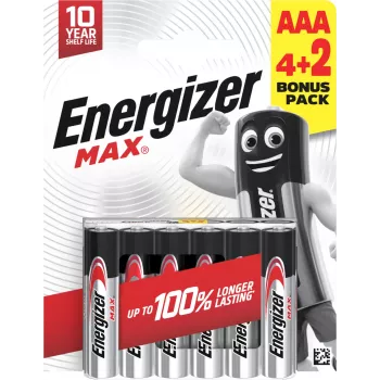 Energizer Max AAA alkalinebatterijen, 1,5 V, 6-pack (4+2)