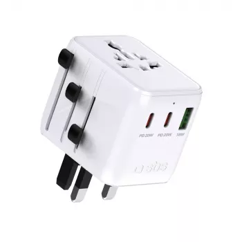 SBS universele reisadapter met 2x USB-C PD 20W en 1x USB-A QC 18W, 35W totaalvermogen, wit