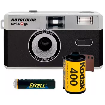 Swiss+Go Novocolor 35mm analoge camerasset met flits, tas, draagriem en Kodak-film (SWI401608)