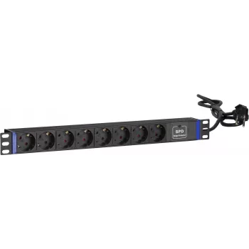 DSIT 19 inch rackmontage-stekkerdoos met 8 stopcontacten en overspanningsbeveiliging, PDU met 2m kabel, 16A, 1U, zwart