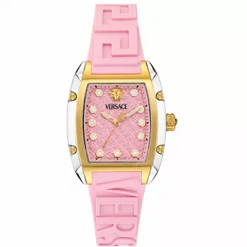 Versace VE8K00224 Dames quartzhorloge, 45 mm, grijze roestvrijstalen kast, roze wijzerplaat, roze siliconen band