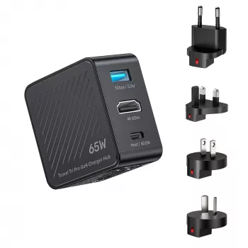 UNITEK P1242ABK01 GaN 3-in-1 reis-oplader-hub 65W met 4K@60Hz HDMI, USB-A en USB-C
